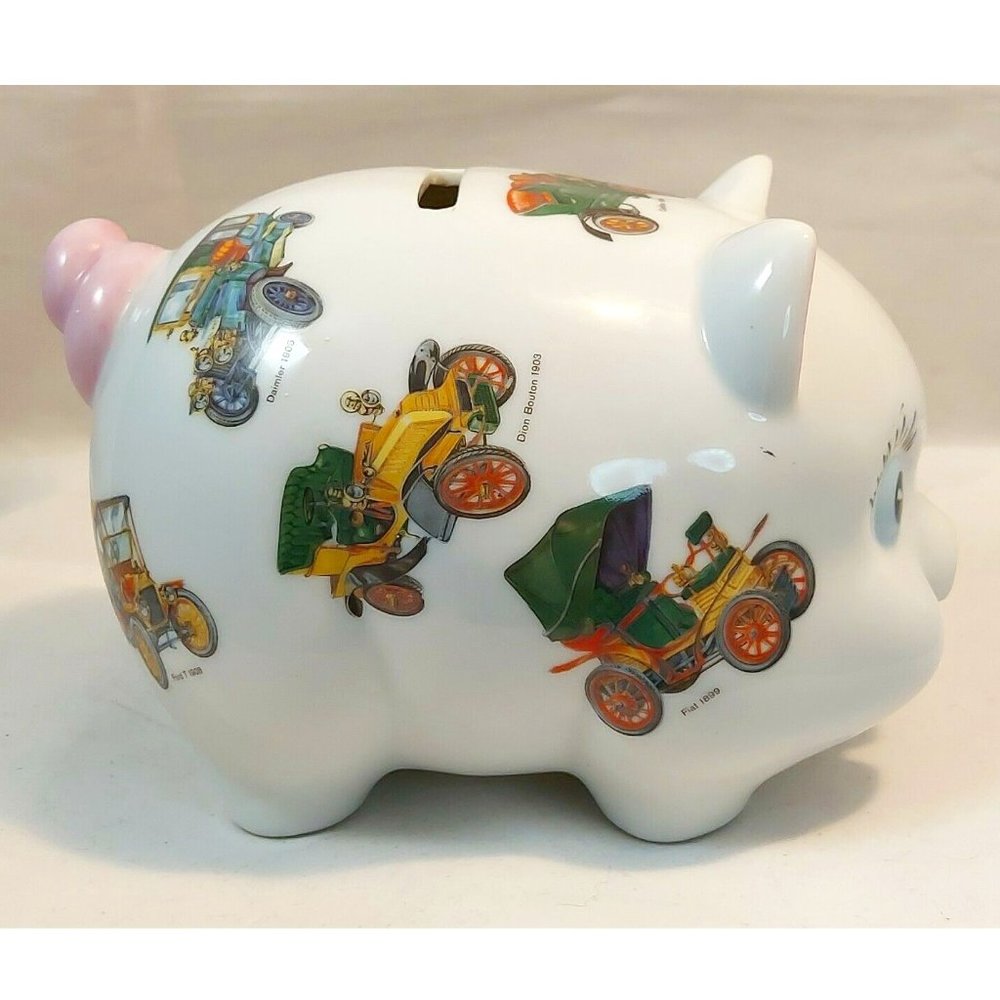 Vintage Signed Ceramic white Piggy Bank w/ antique cras transfer signed Roma